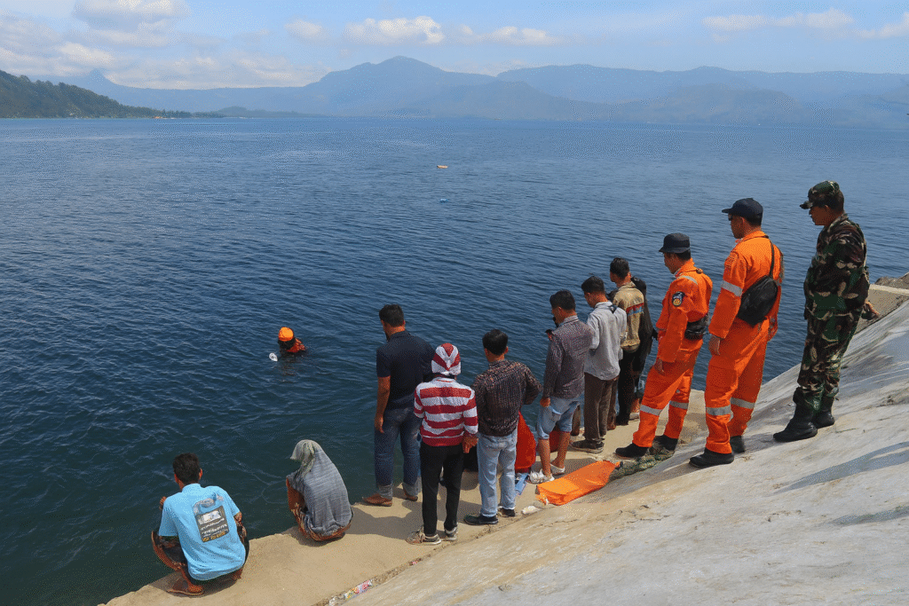 Tim Basarnas dan relawan melakukan pencarian dua pemuda yang tenggelam di Danau Toba Tano Ponggol, Samosir, Sumatera Utara.