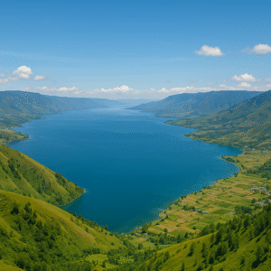Foto Danau Toba Silalahi siang hari dengan air biru jernih, perbukitan hijau, dan langit cerah