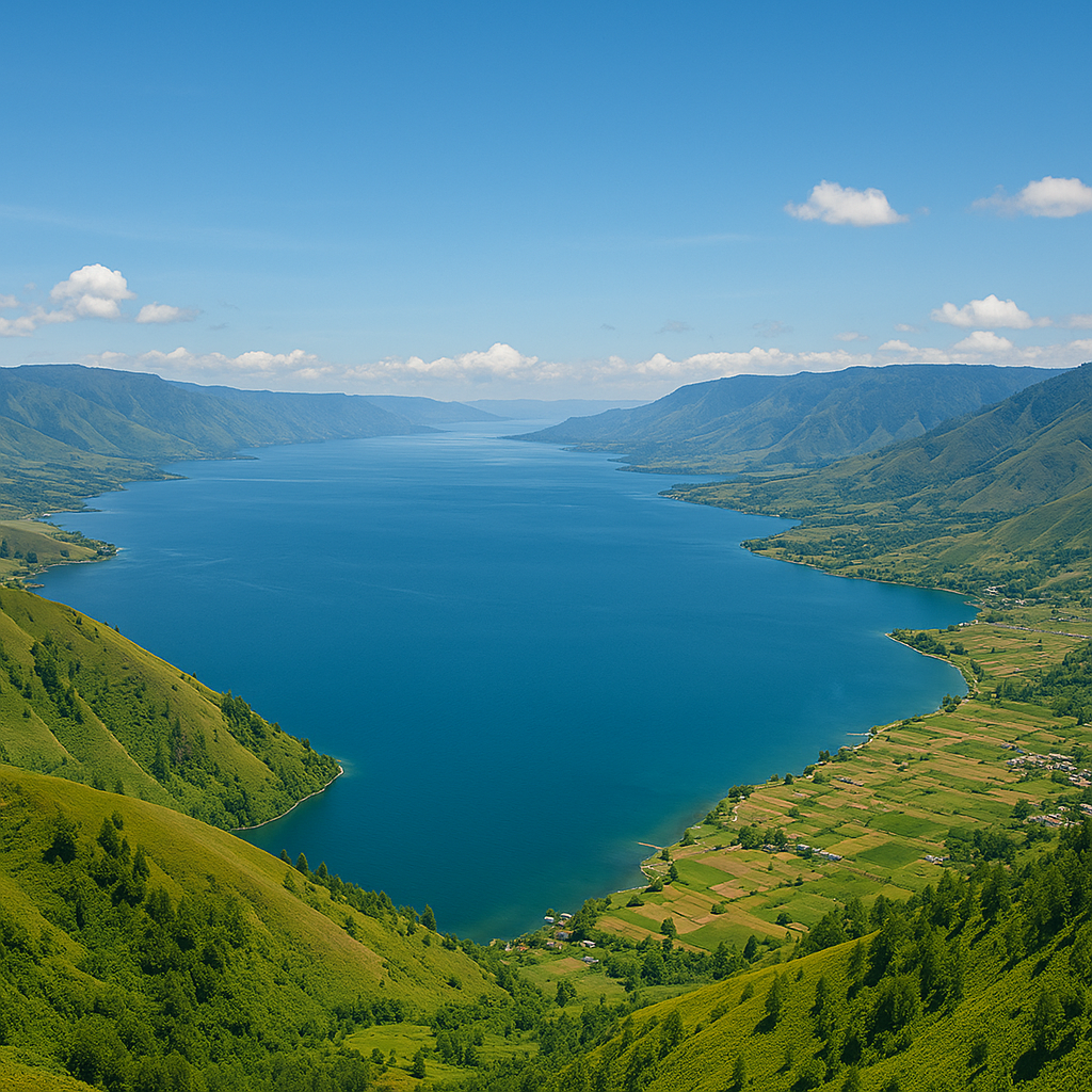 Foto Danau Toba Silalahi siang hari dengan air biru jernih, perbukitan hijau, dan langit cerah