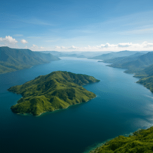 Foto drone Danau Toba pagi hari dengan pemandangan pulau Samosir dan perbukitan hijau yang disinari matahari pagi