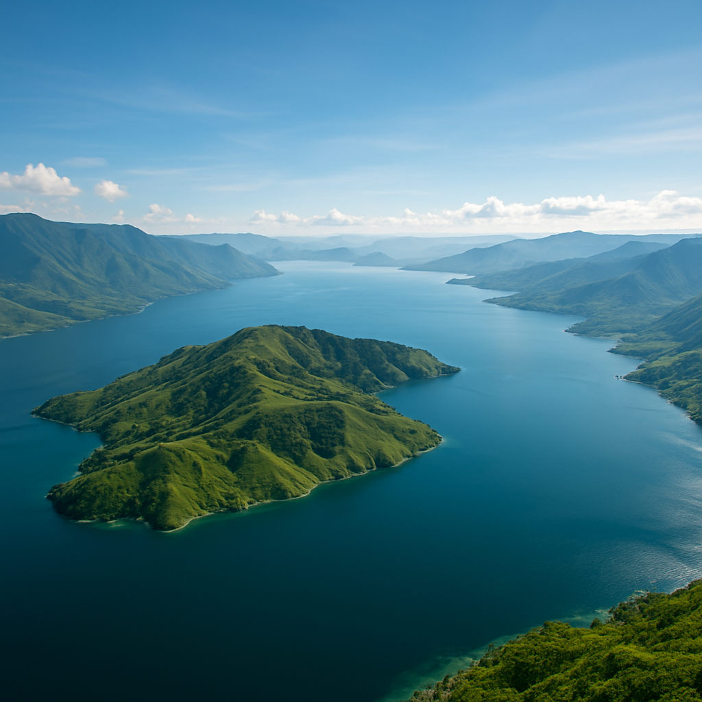 Foto drone Danau Toba pagi hari dengan pemandangan pulau Samosir dan perbukitan hijau yang disinari matahari pagi