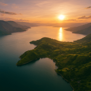 Foto drone Danau Toba sore hari dengan cahaya matahari terbenam dan pemandangan perbukitan hijau