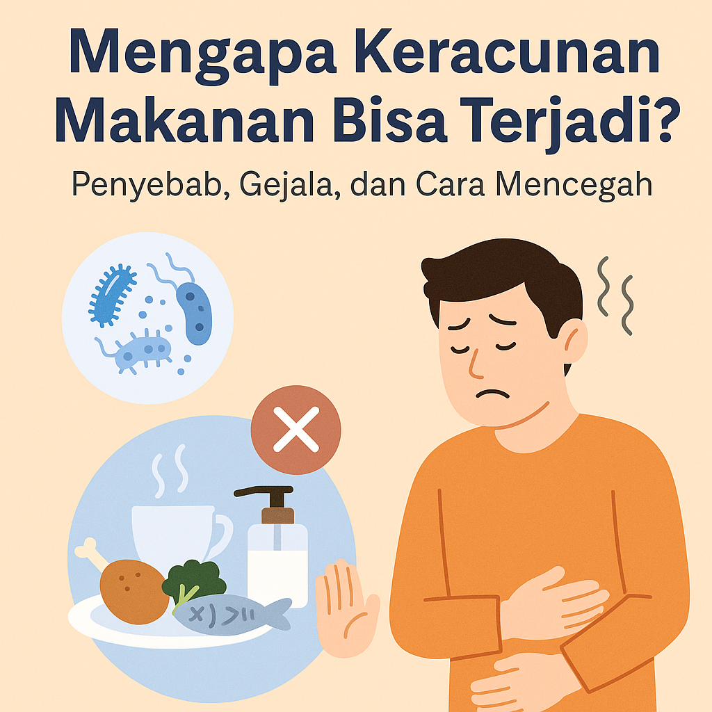 Ilustrasi penyebab keracunan makanan dan cara mencegahnya, dengan gambar bakteri, makanan, dan orang sakit perut