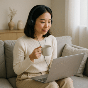 Perempuan muda Asia duduk di ruang tamu minimalis bekerja di laptop sambil minum teh