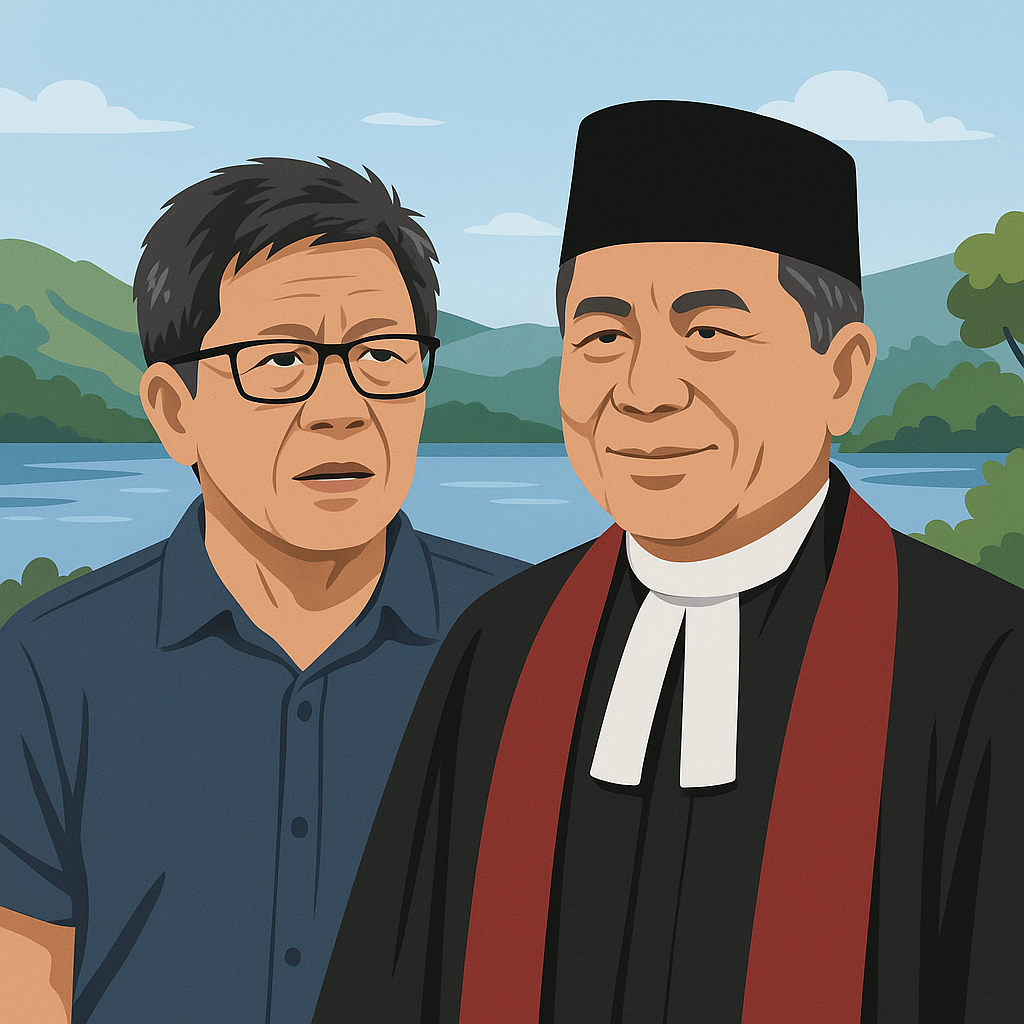 Ilustrasi vektor Rocky Gerung berdiskusi dengan Ephorus HKBP Pdt. Victor Tinambunan dengan latar Danau Toba, membahas isu lingkungan dan penutupan PT TPL.