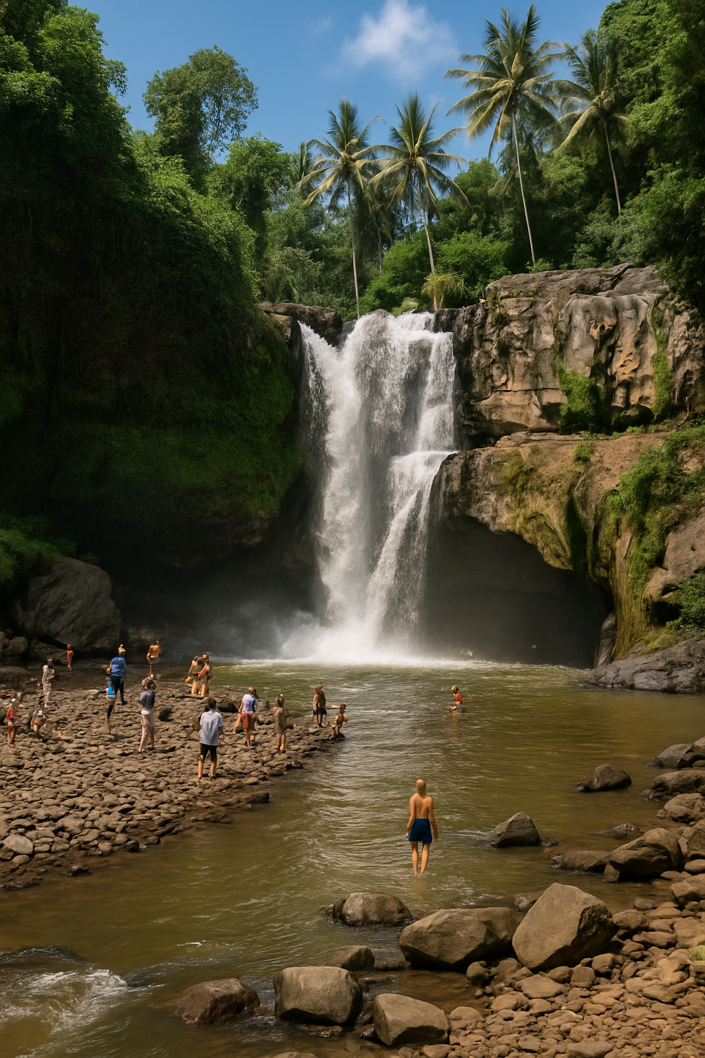 Air Terjun Tegenungan Bali – Destinasi Wisata Alam Populer Air Terjun Tegenungan di Ubud Bali dengan debit air deras dan wisatawan bermain di kolam alami
