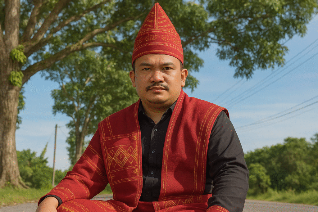 Ilustrasi pria berpakaian adat tradisional Nusantara.