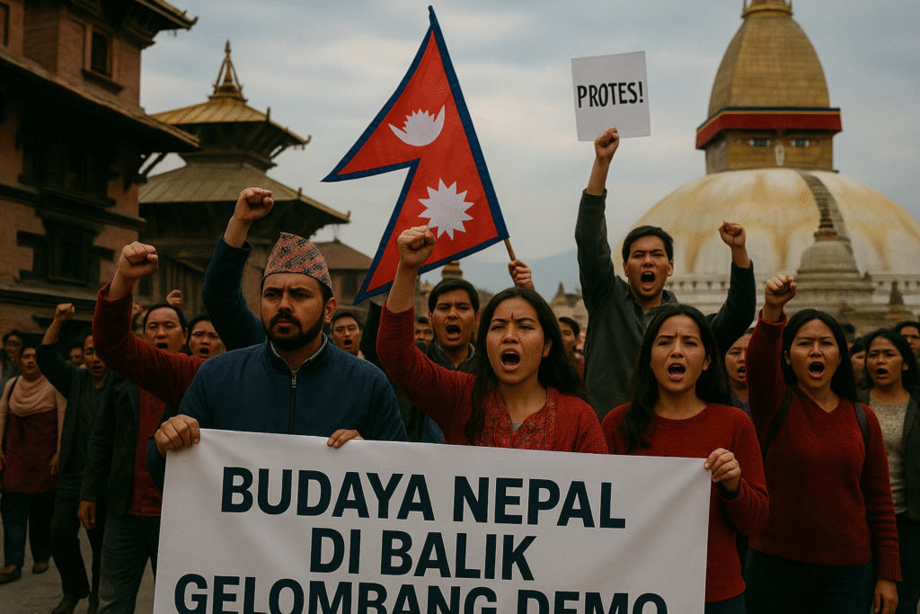 Massa demonstran Nepal mengangkat bendera dan spanduk budaya di depan stupa dan kuil Kathmandu
