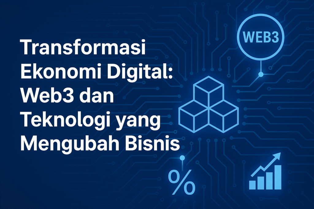 Ilustrasi transformasi ekonomi digital dengan simbol Web3, blockchain, dan grafik pertumbuhan bisnis