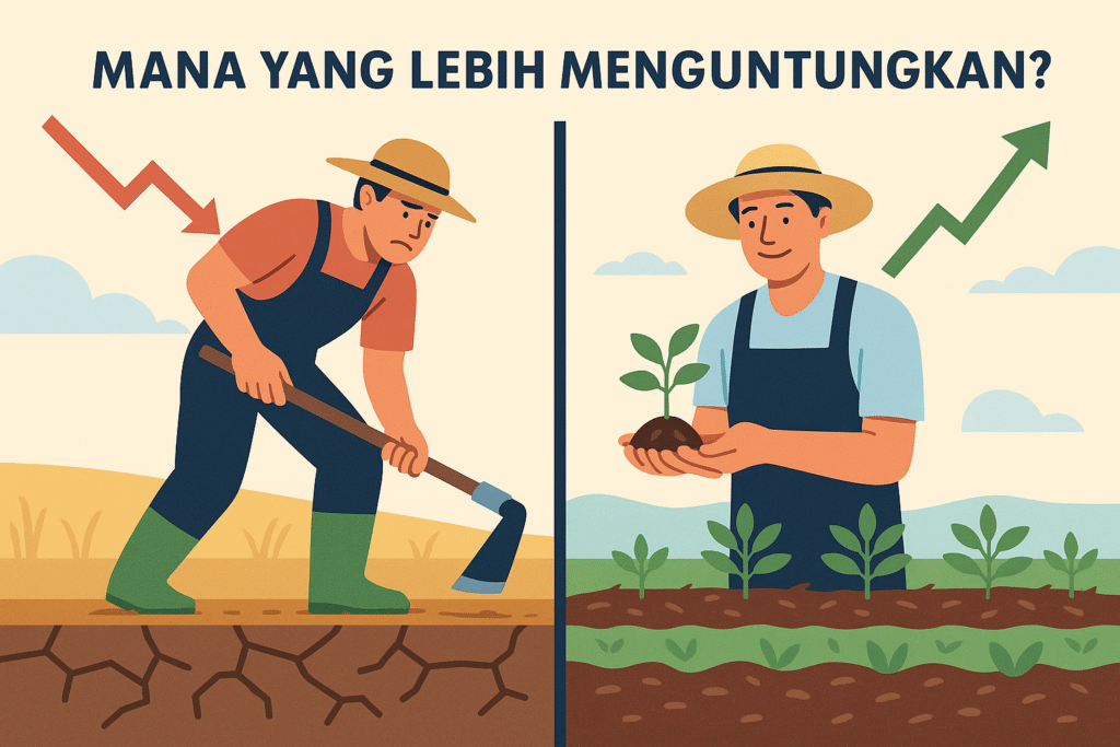 Ilustrasi perbandingan petani mencangkul dengan hasil merugi dan petani no-dig dengan tanaman subur serta grafik keuntungan naik, disertai teks Mana yang Lebih Menguntungkan?