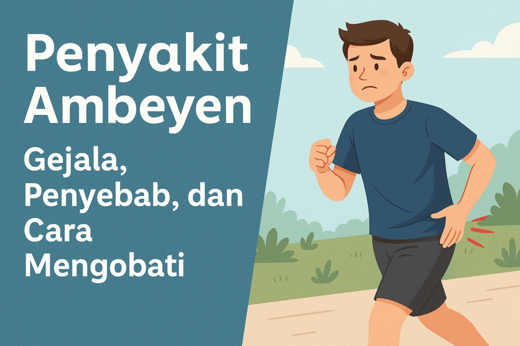 Ilustrasi penyakit ambeyen dengan pria mengalami nyeri saat beraktivitas, disertai tulisan gejala, penyebab, dan cara mengobati.