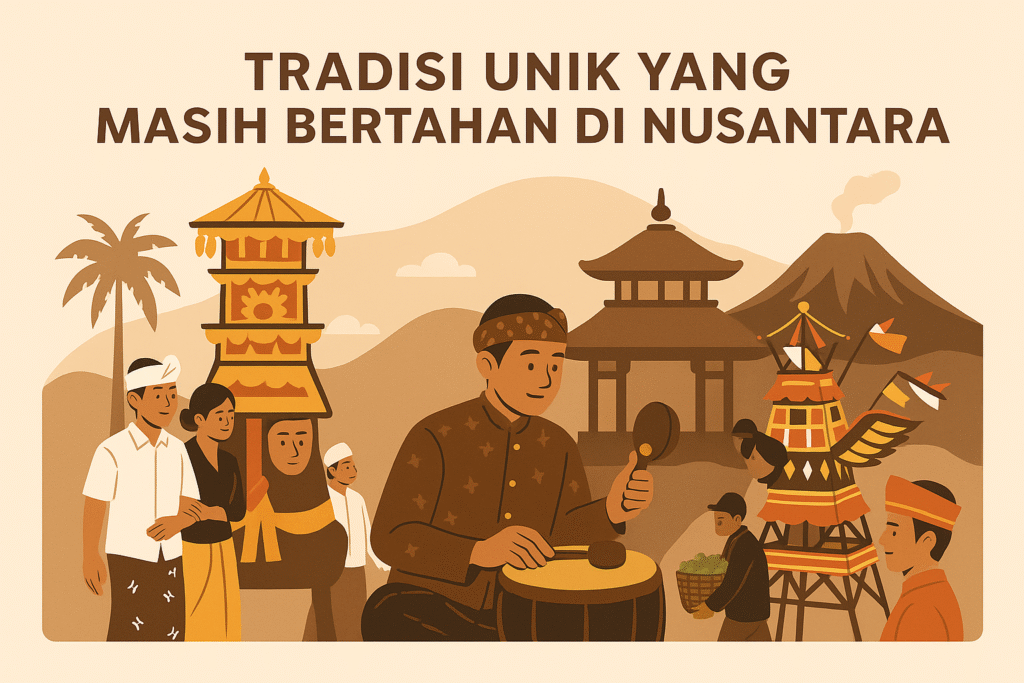 Ilustrasi tradisi Nusantara: Ngaben di Bali, Sekaten di Yogyakarta, Tabuik di Sumatera Barat, dan Kasada di Bromo