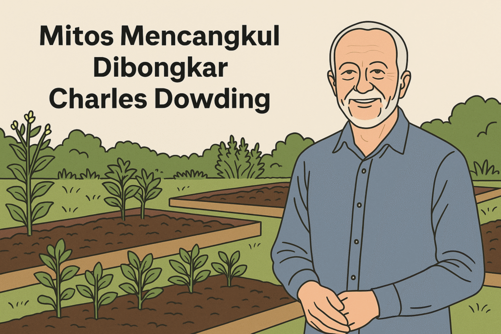 Ilustrasi vektor Charles Dowding di kebun no-dig dengan tulisan Mitos Mencangkul Dibongkar Charles Dowding