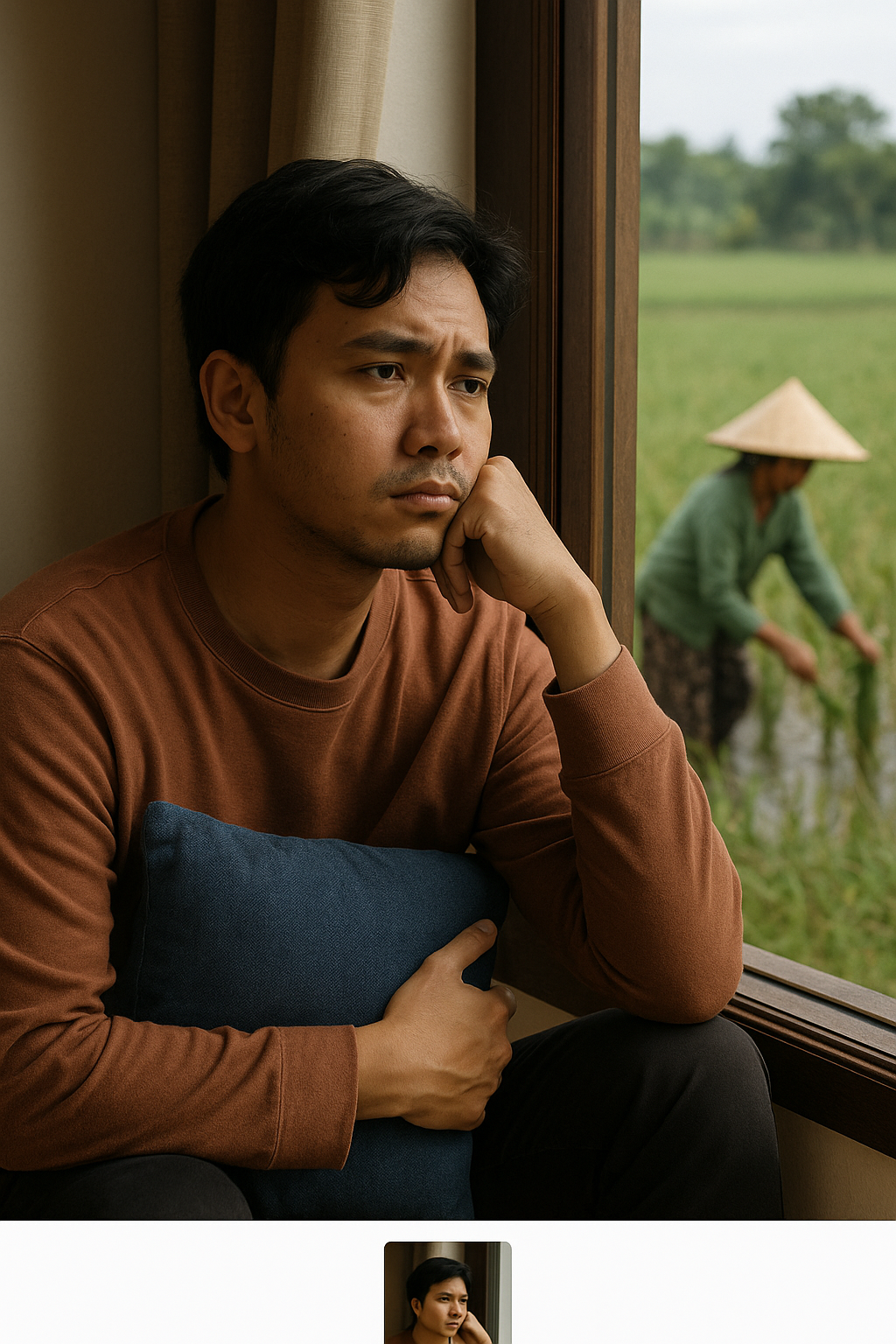 Foto rindu kampung anak perantauan duduk memeluk bantal sambil merindukan ibunya yang bekerja di sawah