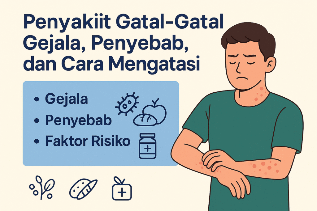 Ilustrasi penyakit gatal-gatal pada kulit dengan gejala bercak merah, penyebab, dan faktor risiko ditampilkan secara edukatif.