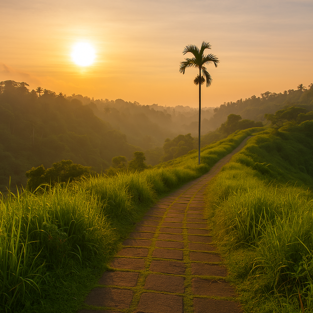 Campuhan Ridge Walk Ubud – Trekking Alam Bali Instagramable Jalur Campuhan Ridge Walk di Ubud Bali saat matahari terbit dengan jalan setapak berbatu di antara perbukitan hijau