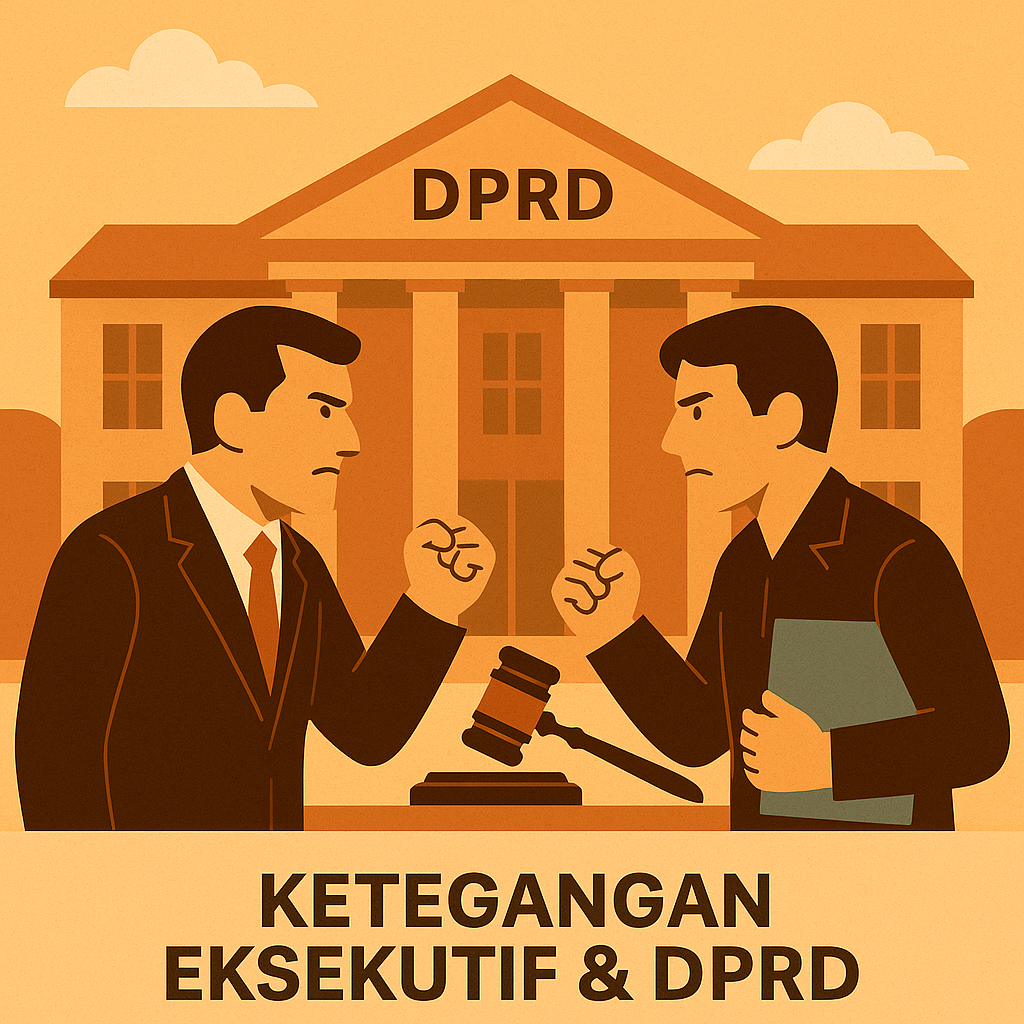 Ilustrasi ketegangan politik antara eksekutif daerah dan DPRD di depan gedung DPRD