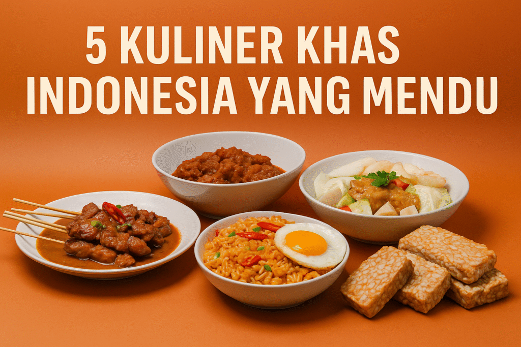 Kolase lima kuliner khas Indonesia: rendang, nasi goreng, sate, gado-gado, dan tempe yang mendunia.