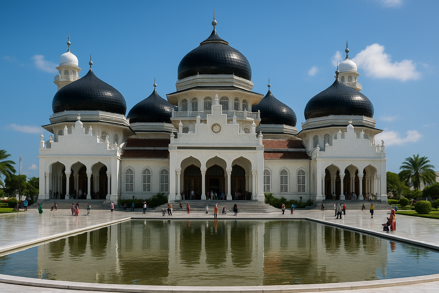 Masjid Raya Baiturrahman – Ikon Wisata Aceh Masjid Raya Baiturrahman Banda Aceh dengan kubah hitam megah dan halaman luas