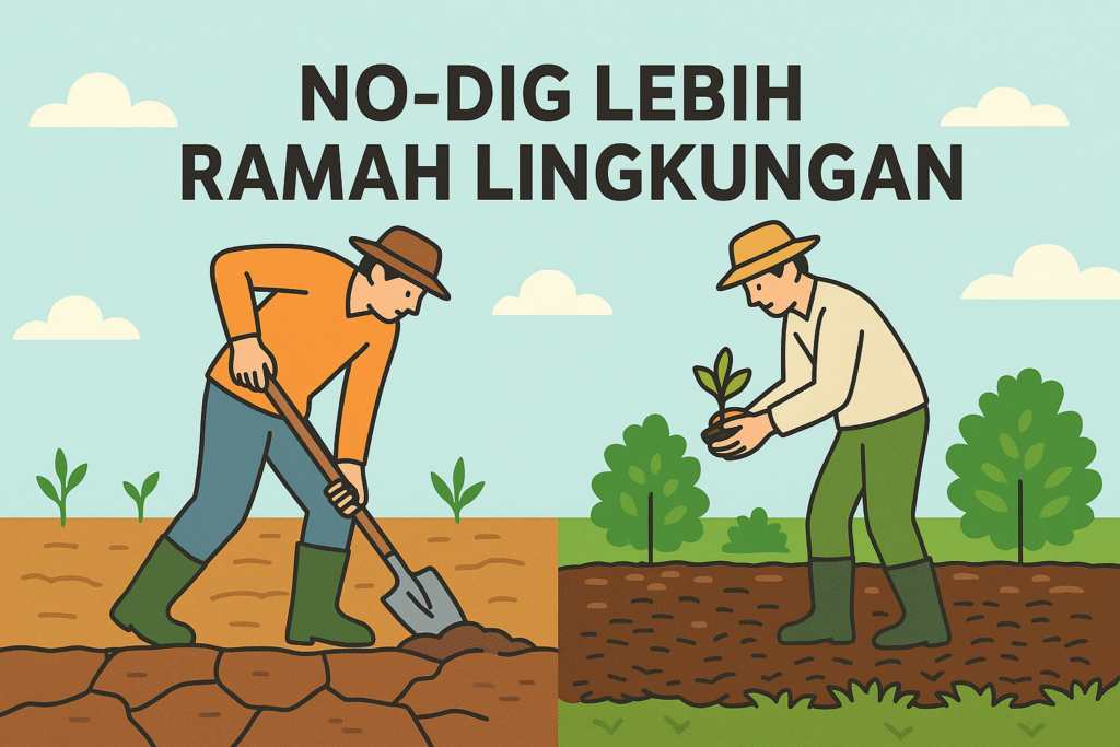 Ilustrasi perbandingan petani mencangkul dengan tanah retak dan petani no-dig dengan tanaman subur, disertai teks No-Dig Lebih Ramah Lingkungan