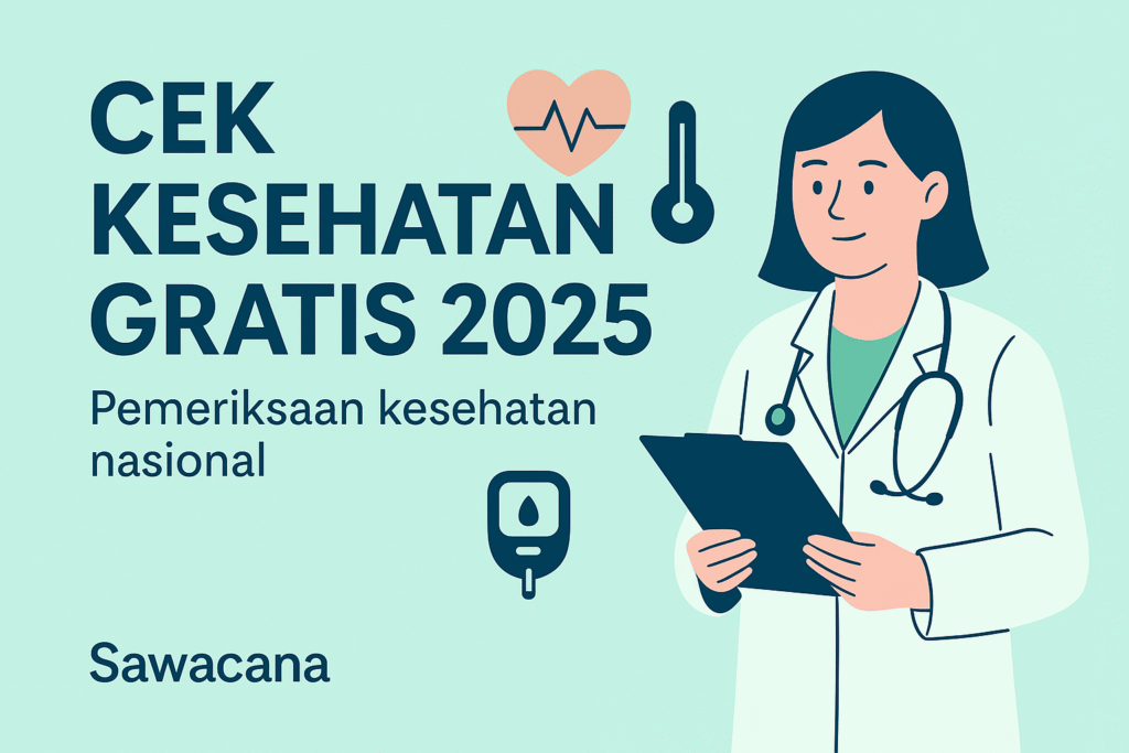 Banner informasi Cek Kesehatan Gratis 2025 dengan ikon pemeriksaan kesehatan nasional