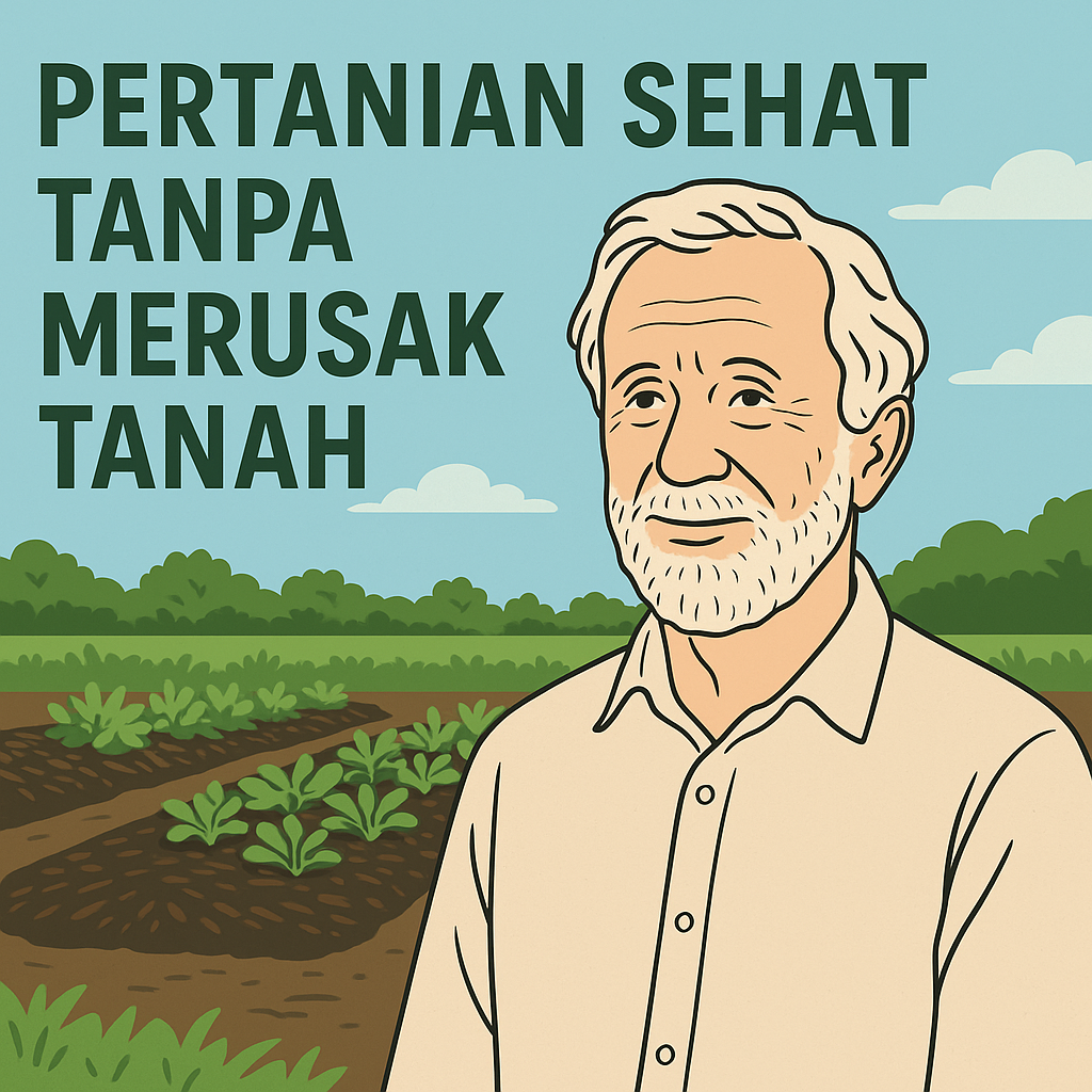 Ilustrasi vektor Charles Dowding dengan latar kebun no-dig dan teks Pertanian Sehat Tanpa Merusak Tanah
