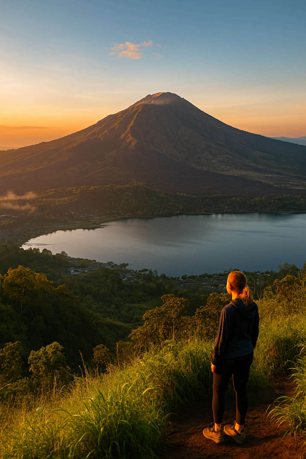 Gunung Batur Bali – Sunrise & Panorama Danau Batur Pemandangan Gunung Batur di Bali saat sunrise dengan Danau Batur terlihat indah di bawahnya