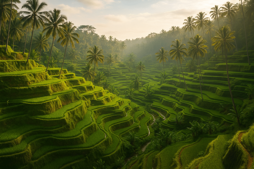 Pemandangan Tegallalang Rice Terrace di Ubud Bali dengan sawah hijau berundak dan pohon kelapa saat pagi hari