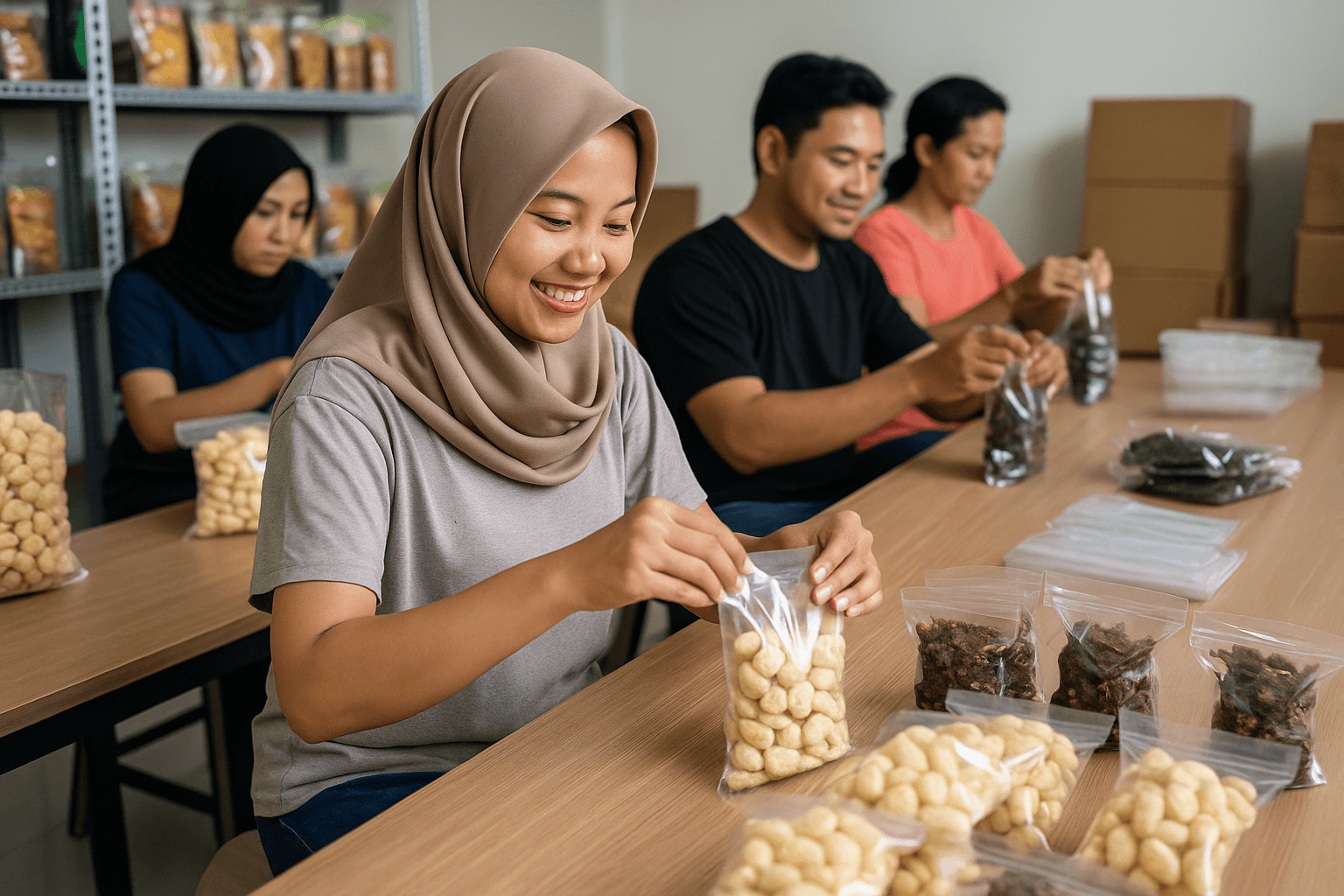 Tim UMKM mengemas produk makanan ringan untuk penjualan online