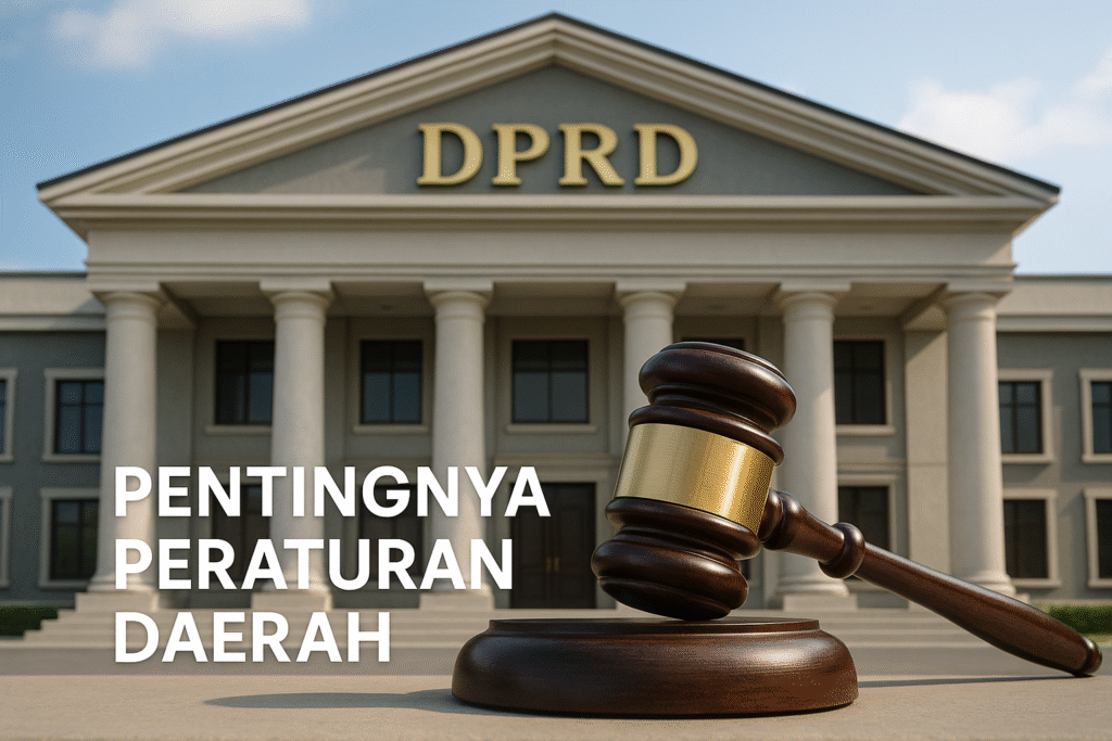 Gedung DPRD dengan palu sidang di depan, simbol pentingnya Peraturan Daerah untuk kepastian