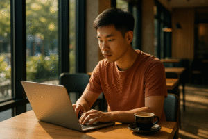 Pria muda bekerja di laptop di kafe modern dengan cahaya matahari pagi