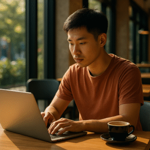 Pria muda bekerja di laptop di kafe modern dengan cahaya matahari pagi