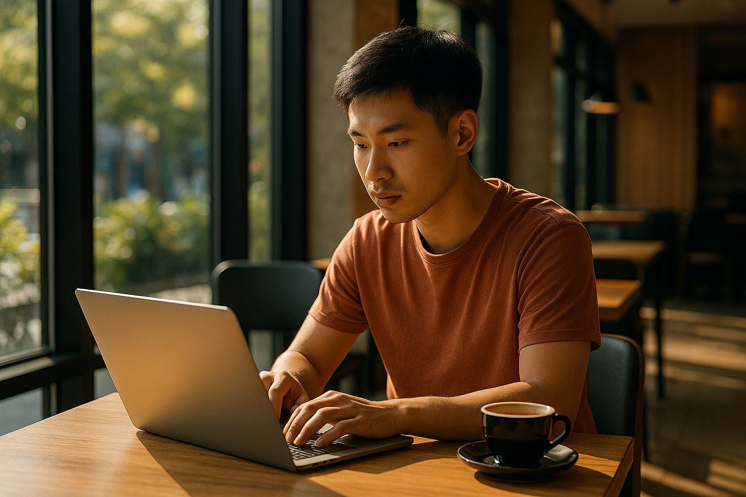 Pria muda bekerja di laptop di kafe modern dengan cahaya matahari pagi