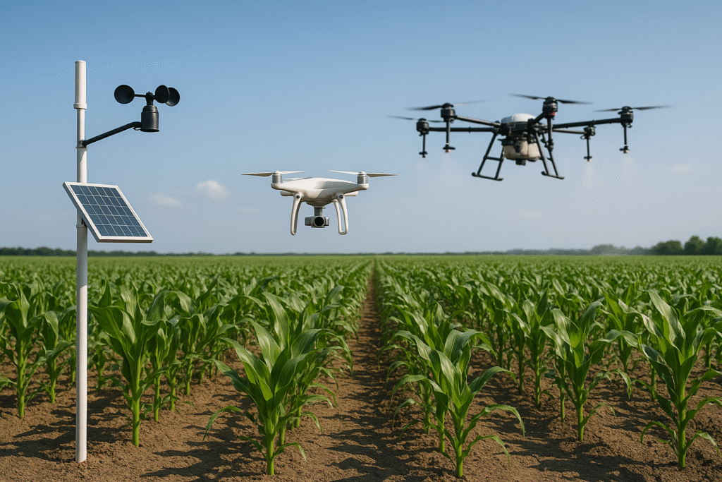 Foto realistis ladang jagung dengan drone pertanian dan sensor IoT bertenaga surya