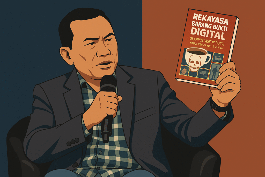Ilustrasi vektor Rismon Sianipar memegang buku Rekayasa Barang Bukti Digital sambil berbicara di forum publik, kritik keras reformasi Polri