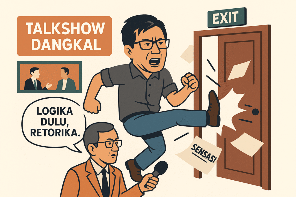 Ilustrasi vektor Rocky Gerung menendang pintu EXIT saat walkout dari talkshow, menegaskan “logika dulu, baru retorika”.