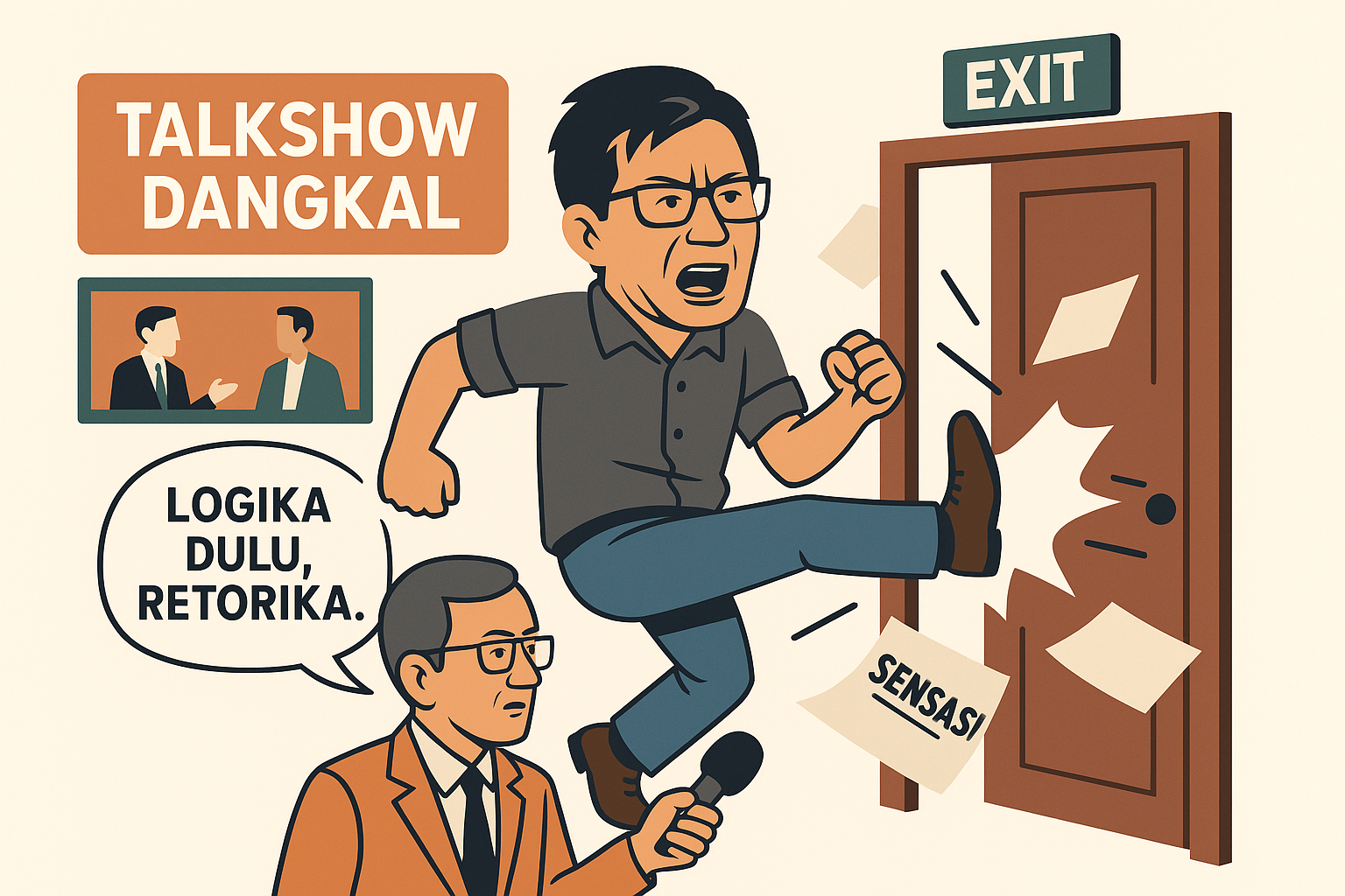 Rocky Gerung Walkout dari Talkshow iNews Ilustrasi vektor Rocky Gerung menendang pintu EXIT saat walkout dari talkshow iNews bersama Aiman, dengan teks logika dulu baru retorika