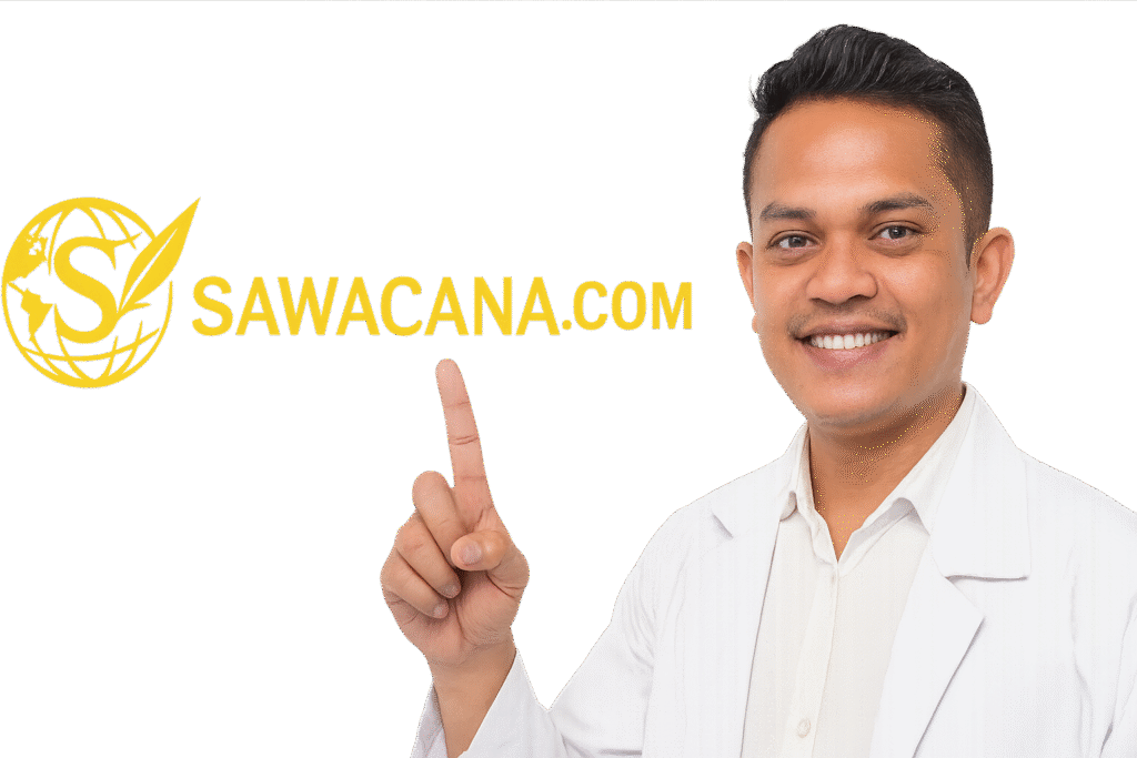 Logo horizontal Sawacana.com menampilkan globe emas dengan huruf S futuristik dan teks SAWACANA.com, ditunjuk oleh seorang pria berjas putih.
