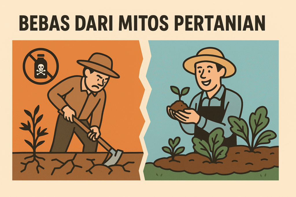Ilustrasi membandingkan mitos pertanian tradisional seperti mencangkul dan pupuk kimia dengan solusi no-dig farming yang lebih sehat dan ramah lingkungan