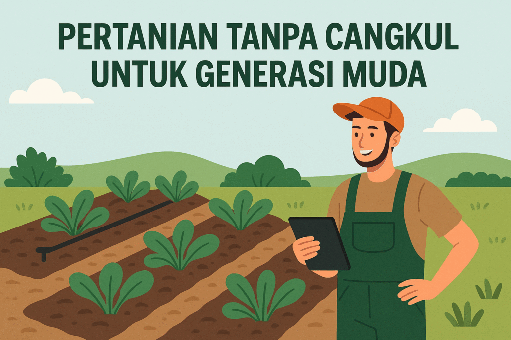 Ilustrasi petani muda memegang tablet di kebun no-dig dengan tanaman hijau subur dan teks Pertanian Tanpa Cangkul untuk Generasi Muda