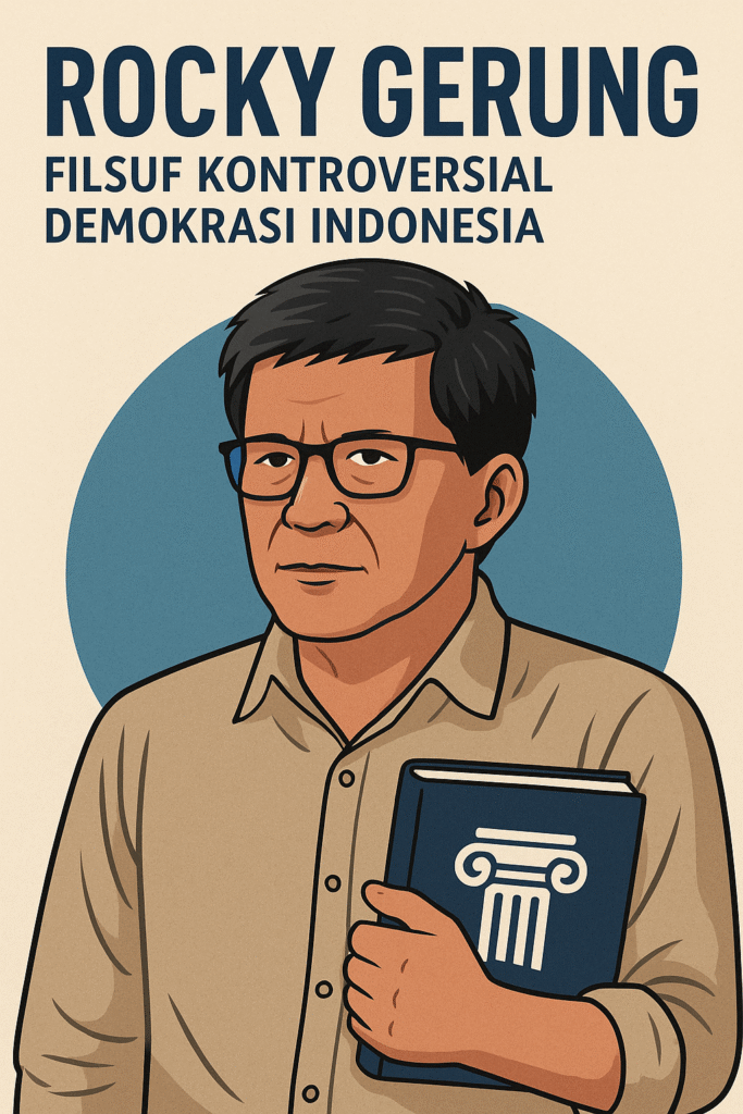 Ilustrasi digital Rocky Gerung dengan buku filsafat, menggambarkan perannya sebagai filsuf dan intelektual publik Indonesia