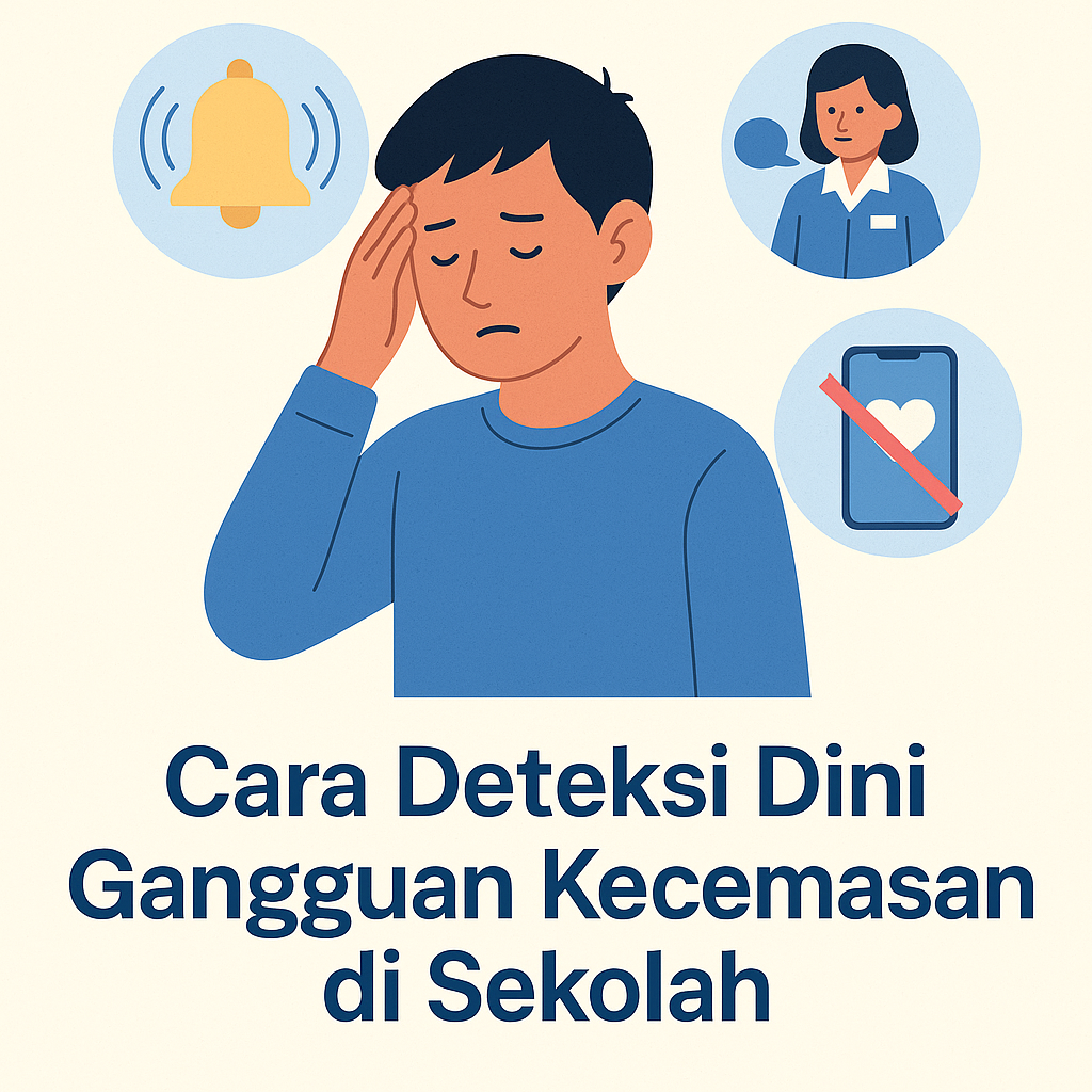 Ilustrasi siswa Indonesia menekan pelipis dengan ikon bel, guru, dan ponsel disilang, mewakili langkah deteksi dini gangguan kecemasan di sekolah