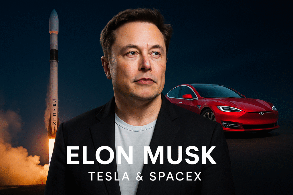 Potret Elon Musk dengan latar roket SpaceX Falcon 9 dan mobil Tesla Model S merah