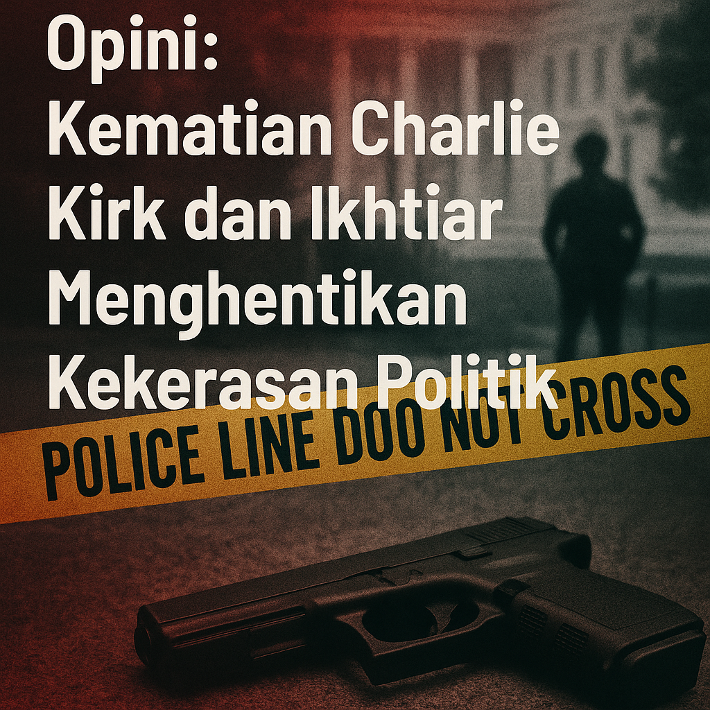 Ilustrasi opini tentang kematian Charlie Kirk dengan garis polisi, pistol, dan bayangan aparat, menggambarkan isu kekerasan politik di Amerika Serikat
