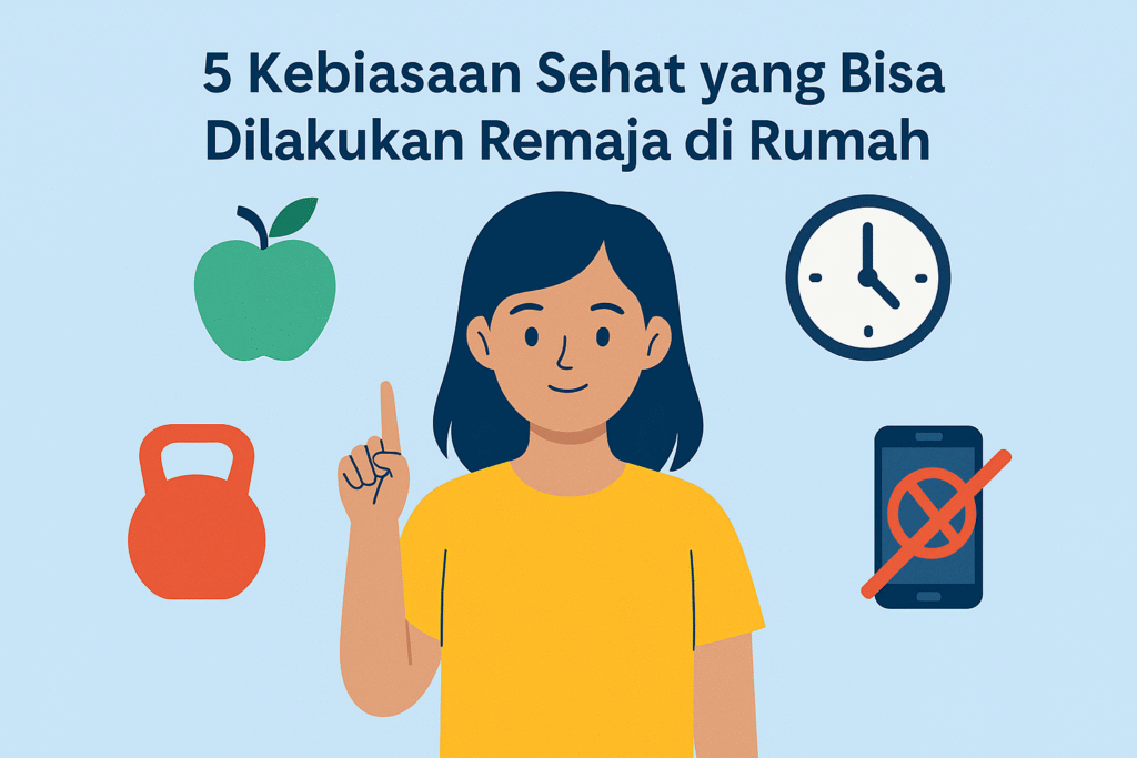 Ilustrasi remaja Indonesia dengan ikon apel, jam, kettlebell, dan ponsel disilang, mewakili lima kebiasaan sehat yang bisa dilakukan di rumah