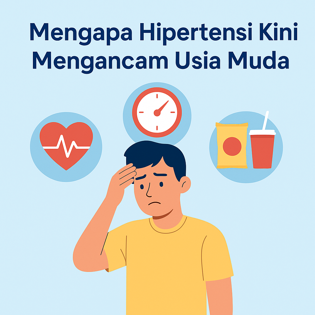 Ilustrasi remaja Indonesia memegang kepala dengan ikon jantung, jam tekanan darah, dan makanan cepat saji, menggambarkan ancaman hipertensi di usia muda