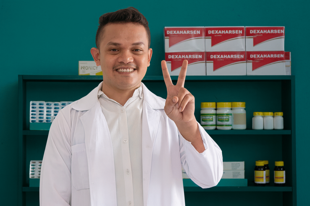 Seorang farmasi muda memakai jas putih sedang berpose dengan tangan membentuk simbol dua jari di depan rak obat, sebagai ilustrasi edukasi kesehatan.