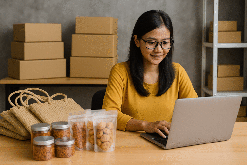 Pelaku UMKM Indonesia bekerja dengan laptop dan produk lokal di tahun 2025