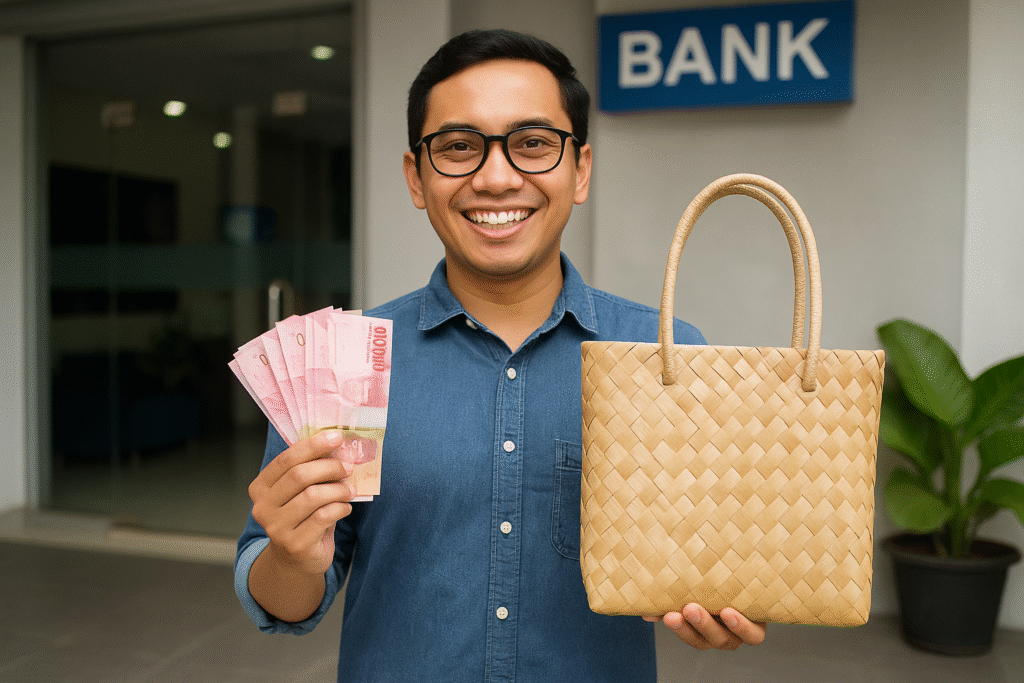 Pelaku UMKM Indonesia mendapatkan modal usaha di bank dengan uang Rupiah