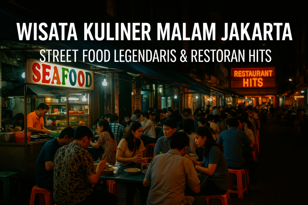 Suasana wisata kuliner malam Jakarta dengan street food seafood dan restoran hits penuh pengunjung